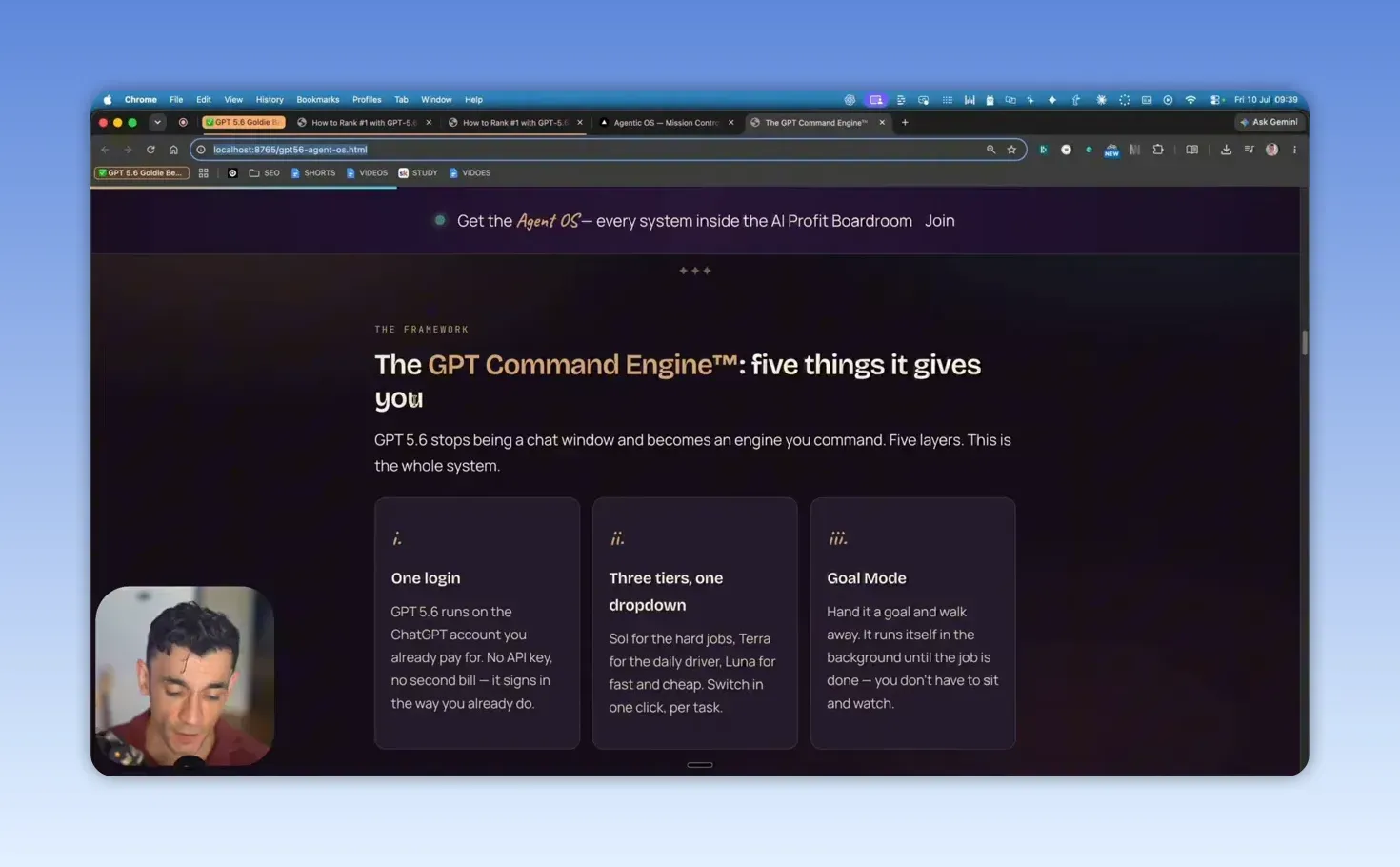หน้าเอกสารนำเสนอ GPT Command Engine ของผู้สร้าง แสดงการ์ด One Login, Three tiers และ Goal Mode