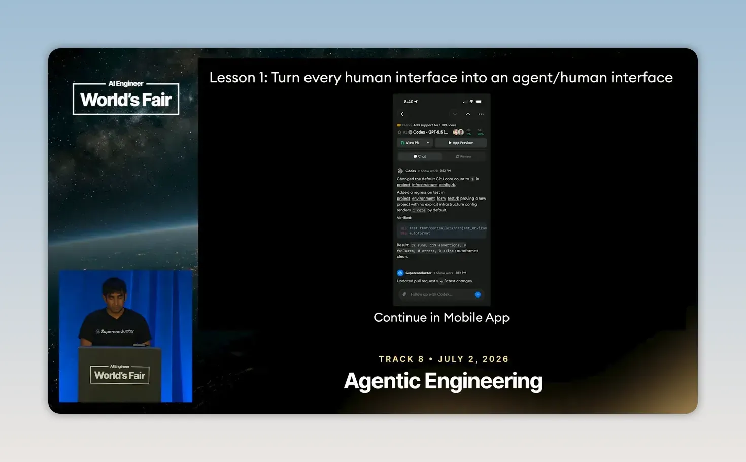 สไลด์ Lesson 1 แสดงตัวอย่าง agent session ในแอปมือถือและข้อความ Continue in Mobile App