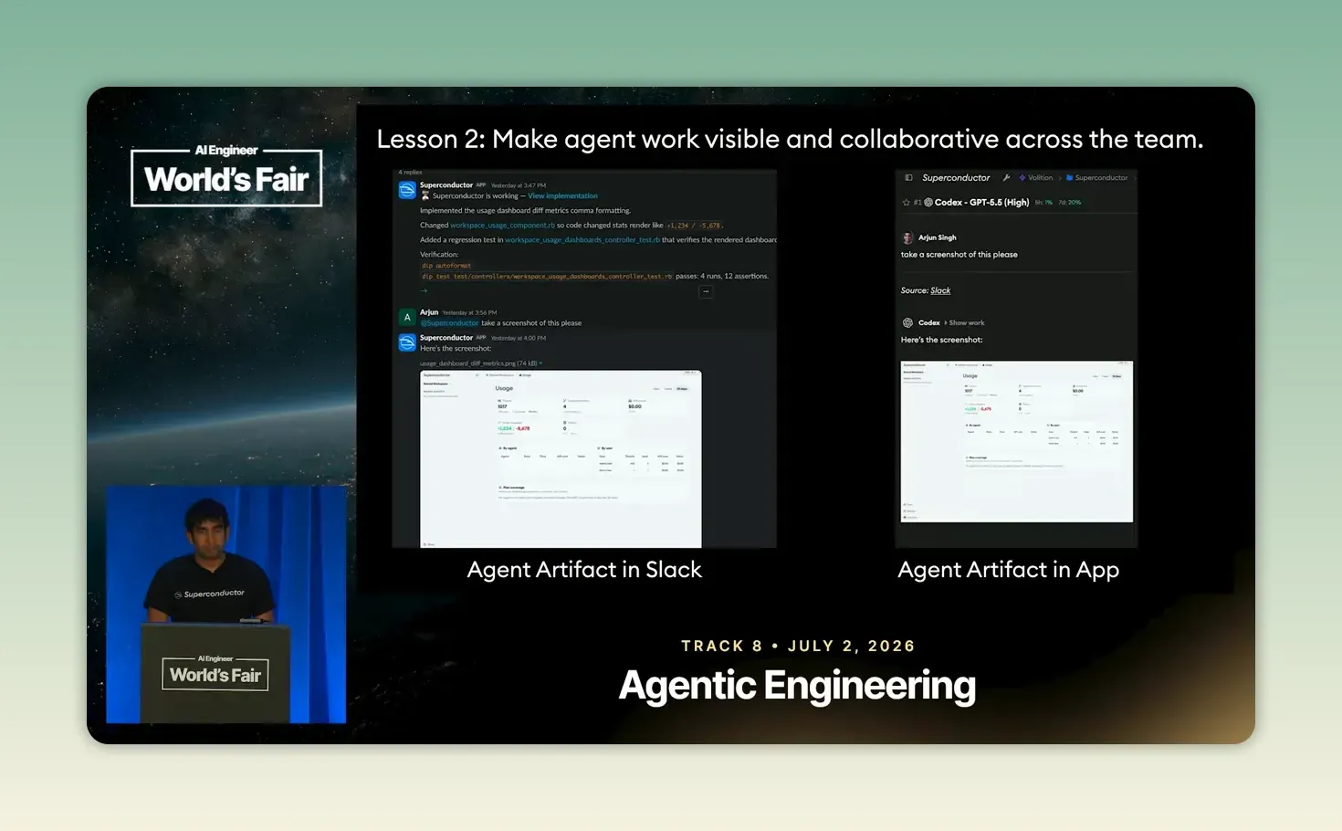 สไลด์ Lesson 2 แสดง artifact ตัวอย่างเดียวกันในบทสนทนา Slack และในแอป
