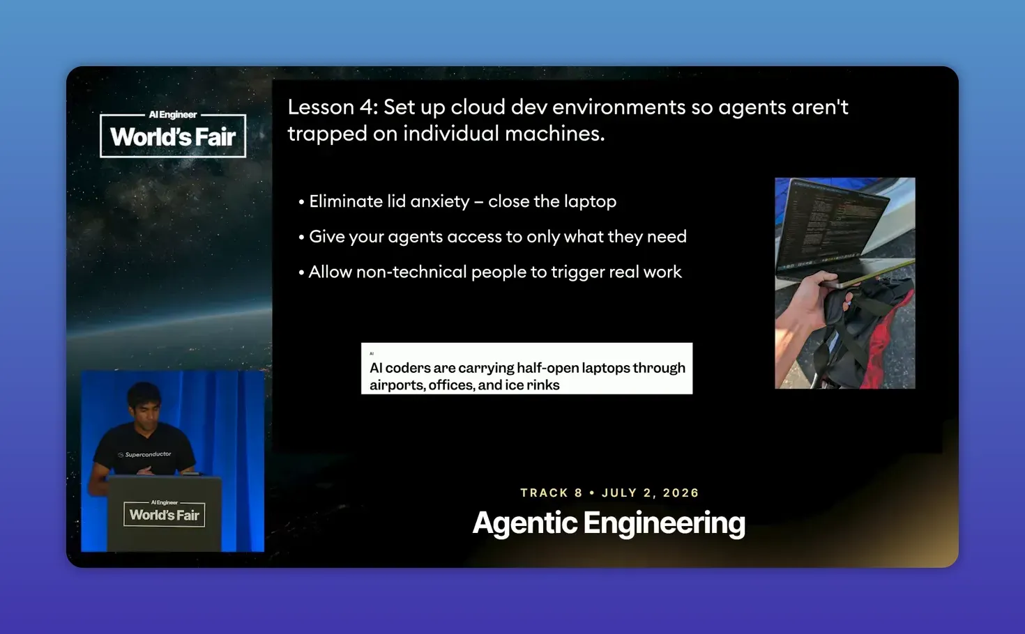 สไลด์ Lesson 4 เรื่อง cloud dev environment พร้อมข้อเสนอจำกัดสิทธิ์และภาพคนถือแล็ปท็อปที่เปิดค้าง