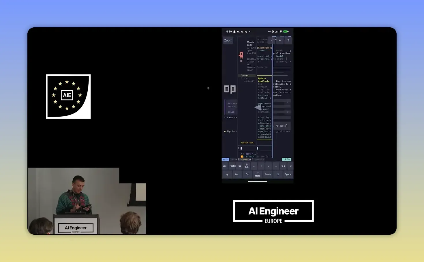 หน้าจอมือถือแสดง terminal หลาย pane พร้อมแป้นพิมพ์และปุ่ม Zoom