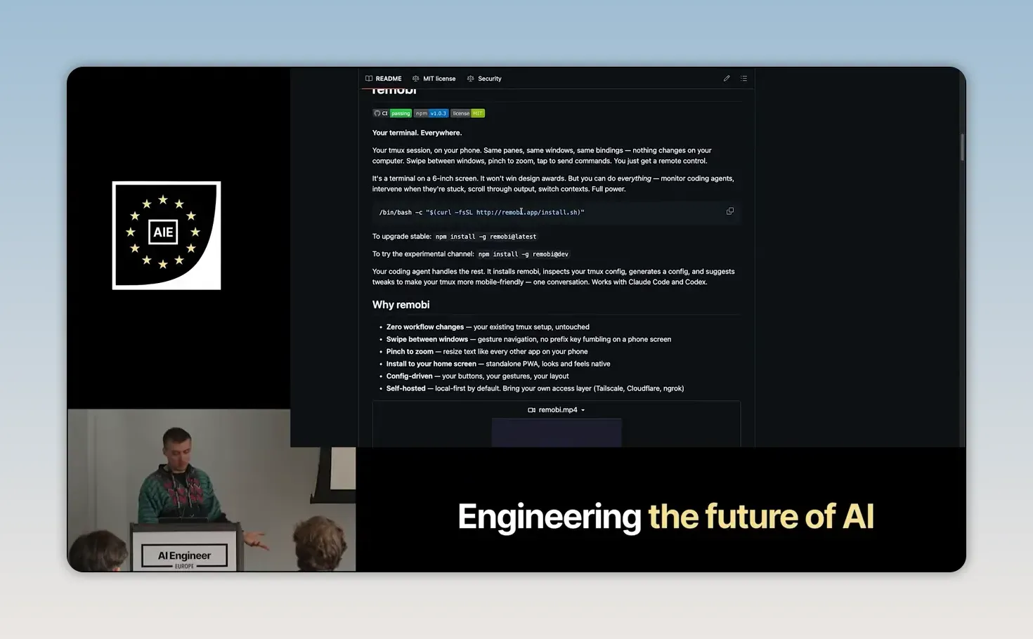 หน้า README ของ remobi แสดงคำอธิบาย terminal บนมือถือ คำสั่งติดตั้ง และหัวข้อ Why remobi
