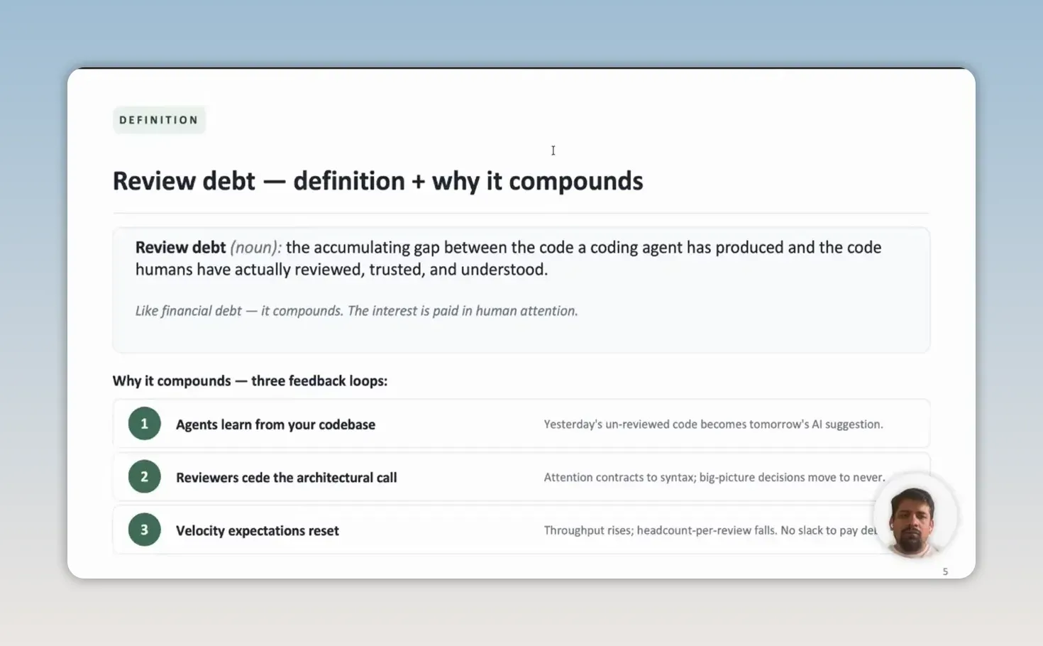 สไลด์นิยาม Review debt พร้อมวงจรสามแบบที่ผู้พูดใช้อธิบายภาระการตรวจสะสม
