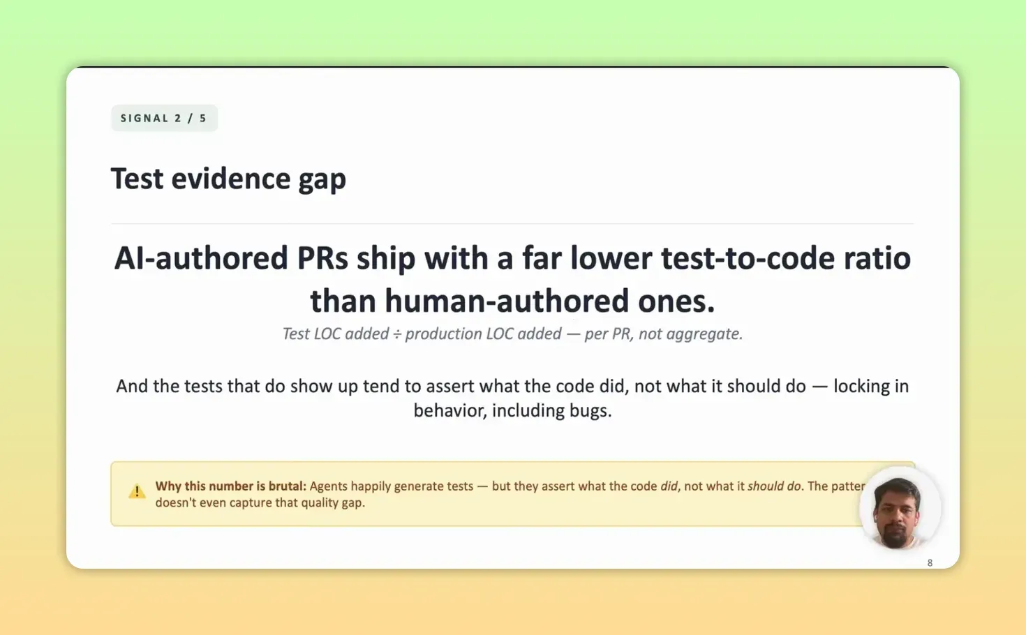 สไลด์ Test evidence gap แสดงสัดส่วนบรรทัด test ต่อ production code และข้อจำกัดของการนับบรรทัด